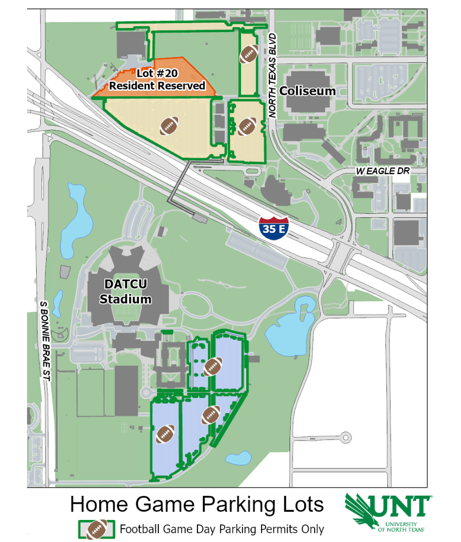 parking map of UNT game day lots