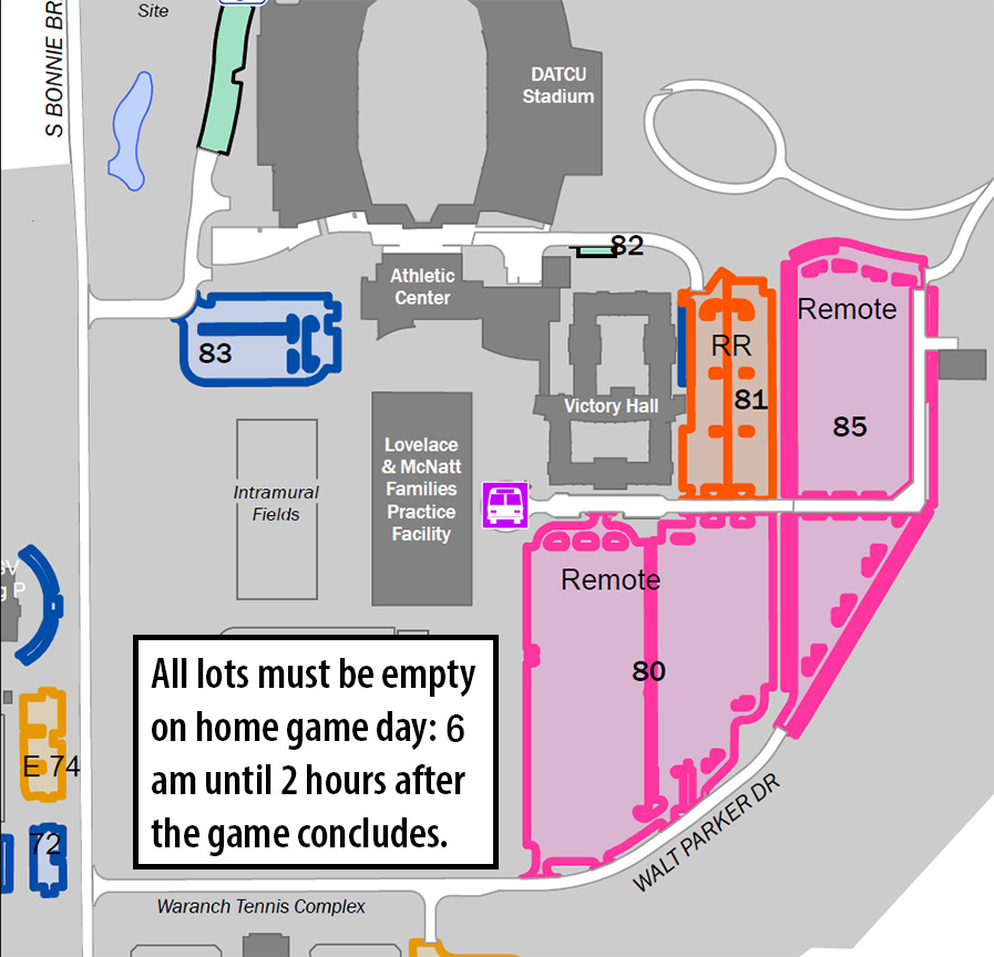 remote parking lots by DATCU stadium must be cleared for home football games