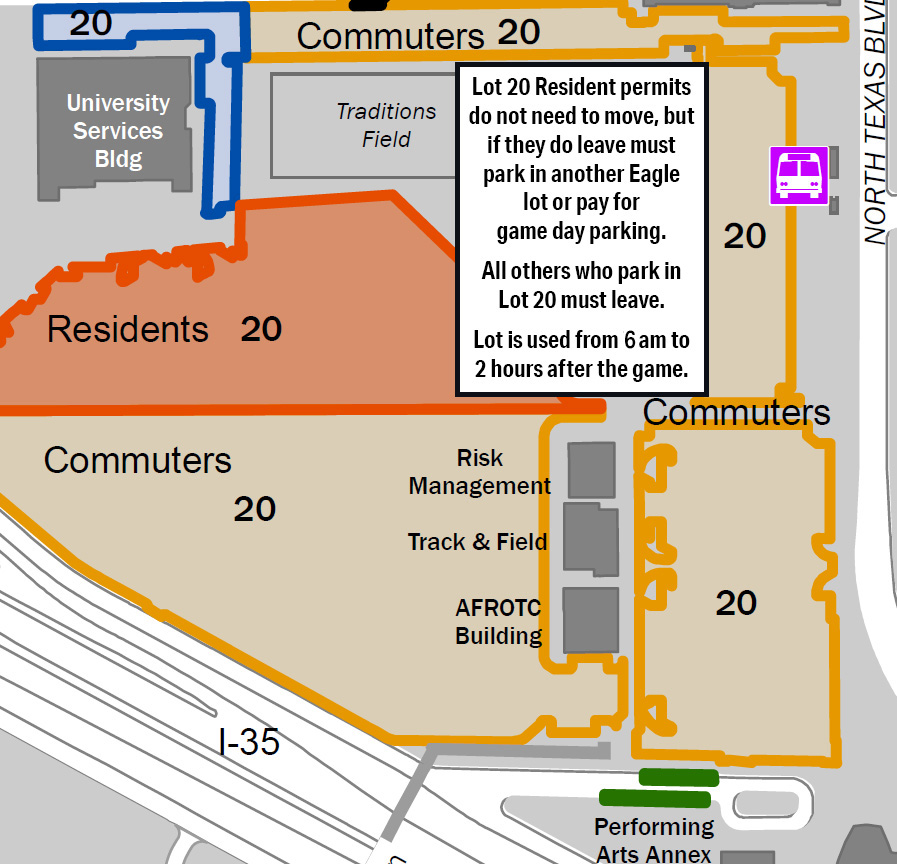 map of Lot 20 showing resident parking and commuter and faculty staff parking to show who must move and who can stay