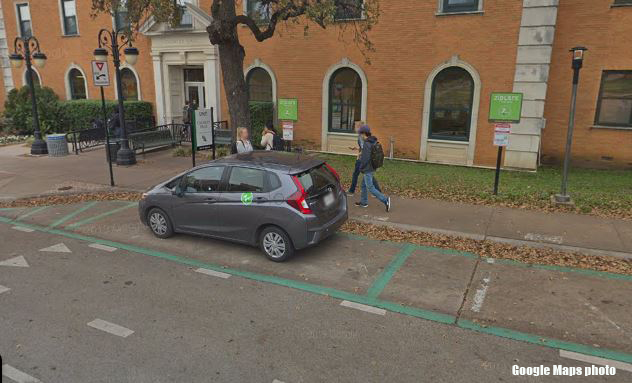 Image of Zipcar rental car outside of Crumley